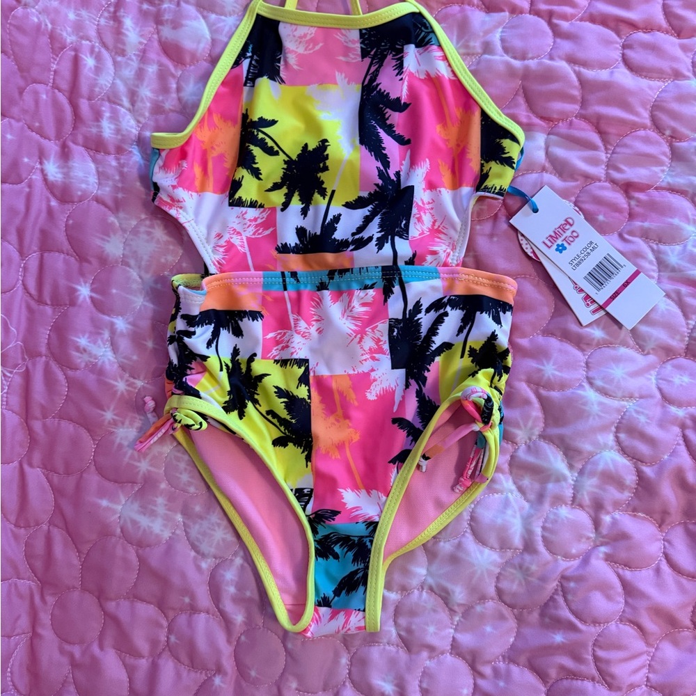 Kids Tropical Print Swimsuit - Pink and Yellow